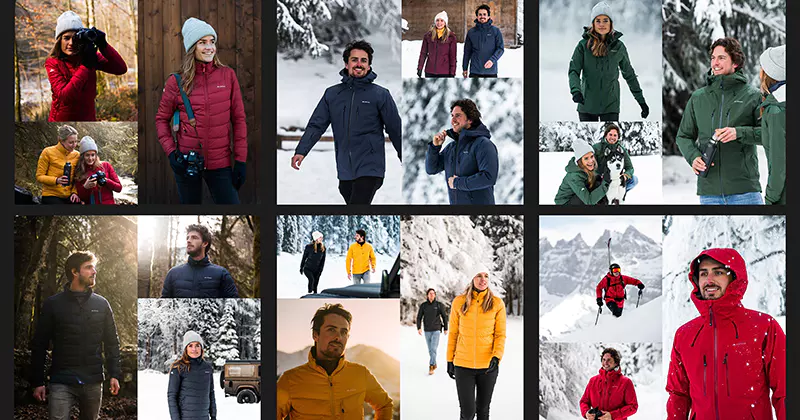Collage van mensen die in de winter buiten zijn, gekleed in kleurrijke jassen, mutsen en handschoenen; besneeuwde landschappen en bomen op de achtergrond; sommige mensen lopen, staan of glimlachen.